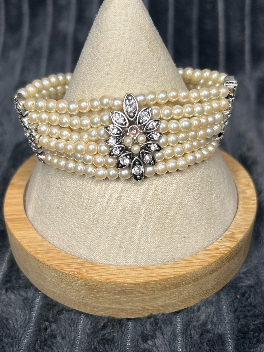 Faux Pearl & Rhinestone Statement Bracelet - Missing Pearl